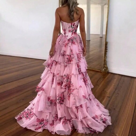 Pink Elegant Women's Off-The-Shoulder Chiffon Fairy Long Evening Dress - Picture 2 of 3